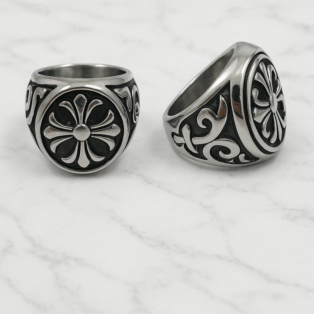 Chrome Cross Round Fleur De Lis Ring (Silver)