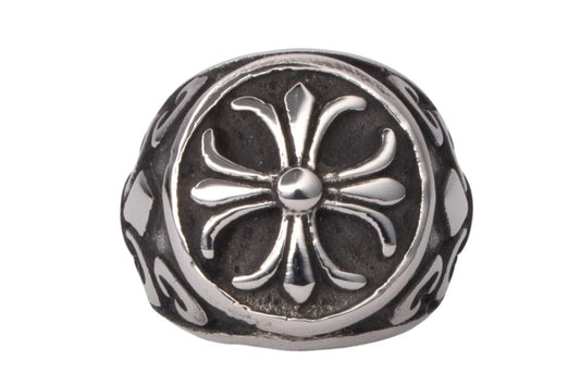 Chrome Cross Round Fleur De Lis Ring (Silver)