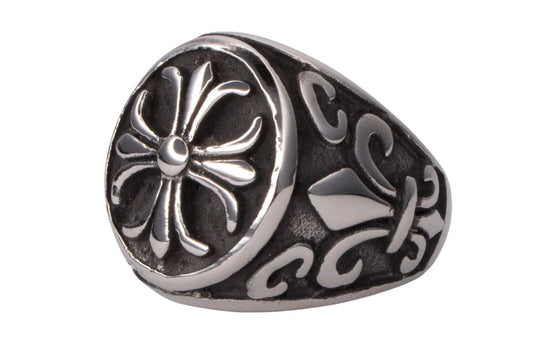 Chrome Cross Round Fleur De Lis Ring (Silver)